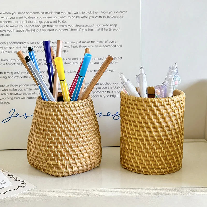 Imitation Rattan Woven Pen Holder Multi-functional Storage Basket Makeup Brush Storage Box Desk Organizer Office  Pen Holder