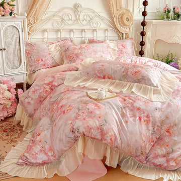 France Lace Princess Bedding Set Luxury Pink Egyptian Cotton Flowers Duvet Cover Sets Fitted Bed Sheet Pillowcases Home Textile