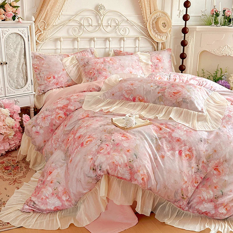 France Lace Princess Bedding Set Luxury Pink Egyptian Cotton Flowers Duvet Cover Sets Fitted Bed Sheet Pillowcases Home Textile