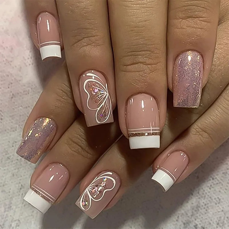 24pcs Sweet Cool False Nails Gradient French Fake Nail Tips with Purple Flowers Design Short Square Press on Nails Colorful Nail