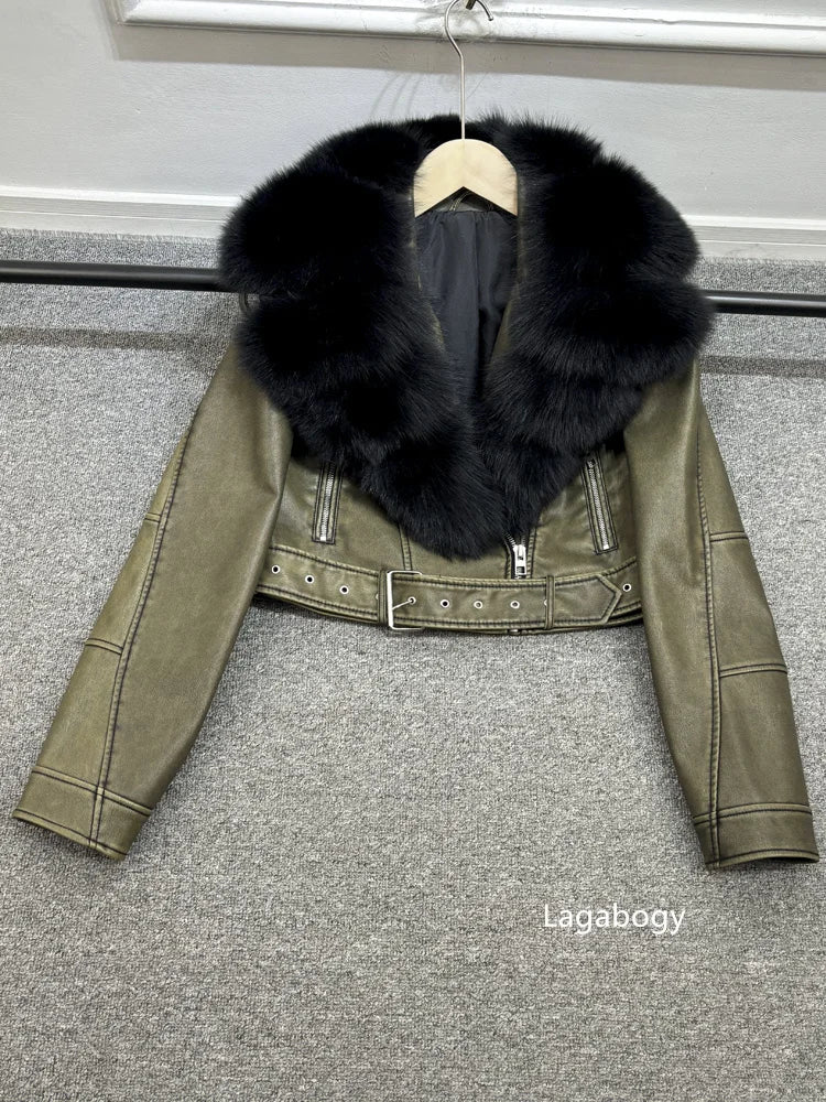 Women PU Faxur Fur Winter Jacket Outerwear