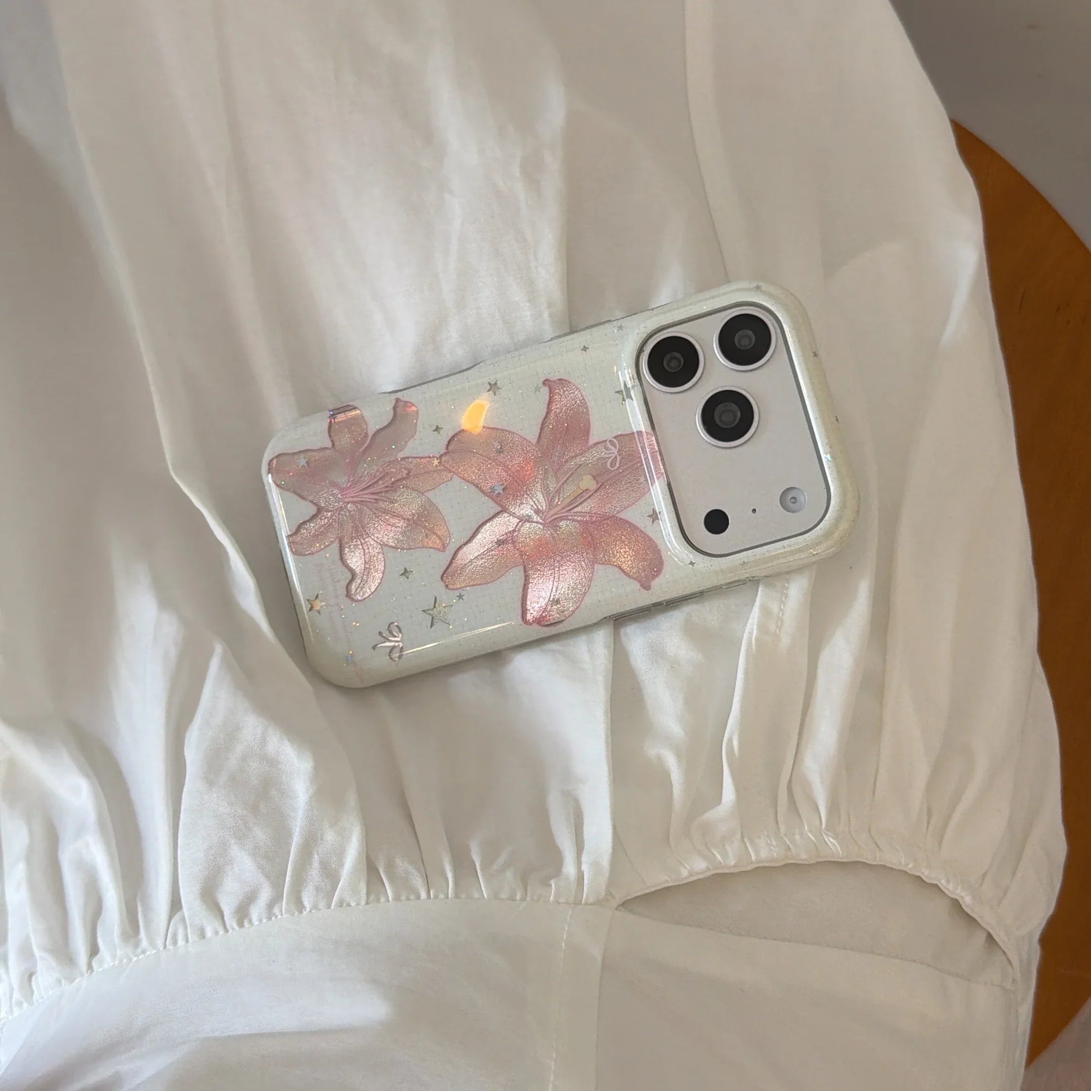 Trendy Shimmer Pink Lily Star Glitter Floral Print  Coquette Style Phone Case for iPhone 17 16 15 14 13 Pro Max Back Cover Capa