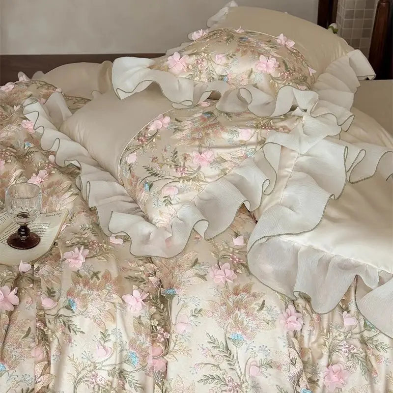 1000TC Egyptian Cotton Bedding Set Duvet Cover Flat/Fitted Bed Sheet Pillowcases, Floral Embroidery Ruffles Luxury Bed Linens