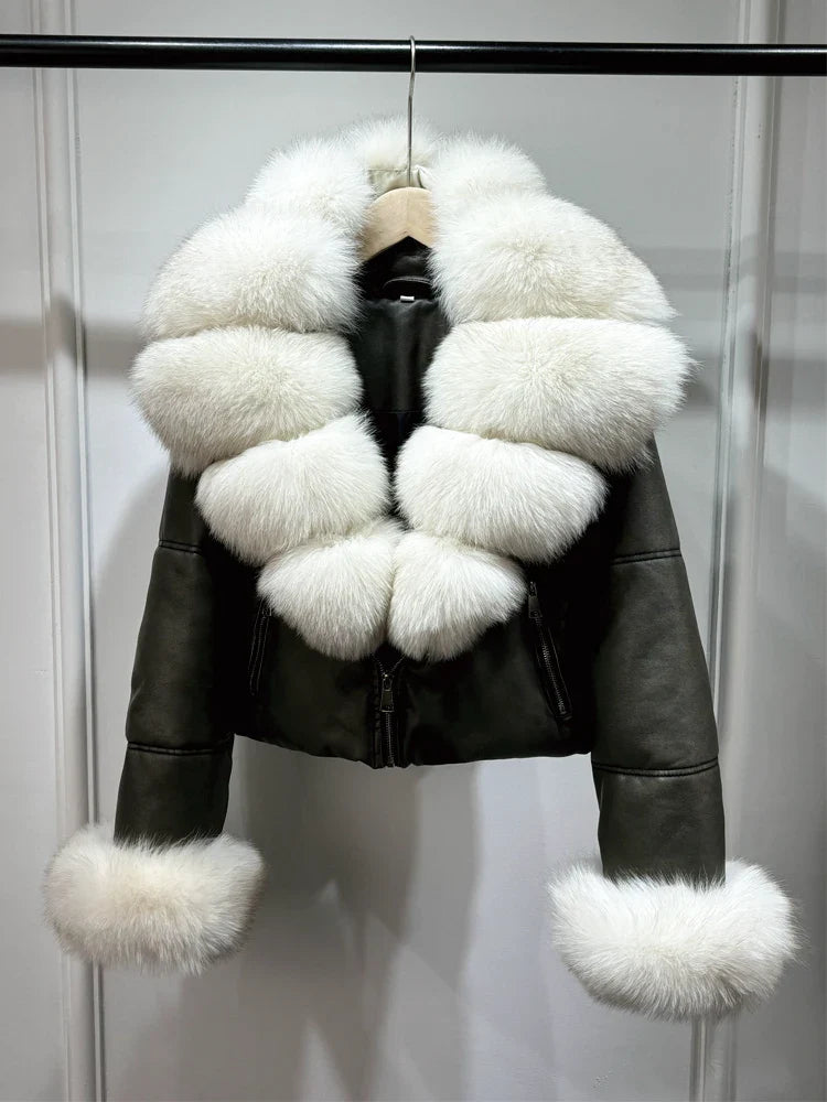 Fashion Fox Fur Women Winter Short PU Leather Jacket Warm Coat