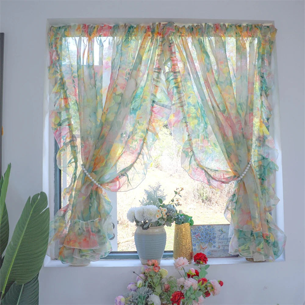 Retro Printing Curtain Art Living Room Gauze Curtain Velcro Curtain Ruffled Door Curtain Partition Punch-Free Customizable