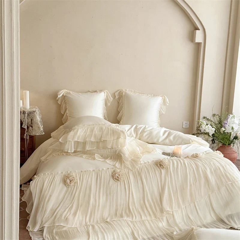 Pink Egyptian Cotton Princess Wedding Bedding Set Luxury Lace Ruffle Flowers Duvet Cover Sets Bed Sheet Pillowcases Home Textile