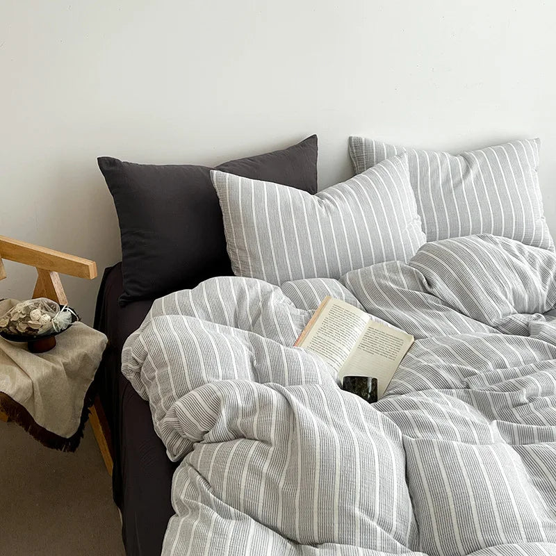 Nordic Simple Stripe Printed Bedding Sets Soft Washed Cotton Skin Friendly Duvet Cover Kit Cozy Bedclothes for Summer and Autumn