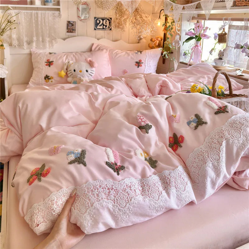 3/4Pcs Korean Princess Style Floral Embroidered Towel Bedding Set Single Queen King Size Duvet Cover Set Bed Sheet Pillowcases