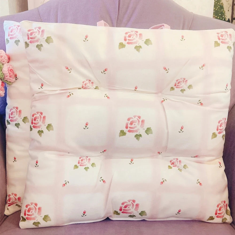Romantic Pink Rose Printed Chair Cushion Home Decorative Cushion Bedroom Dormitory Square 40x40cm Chair Cushion Pastoral Style