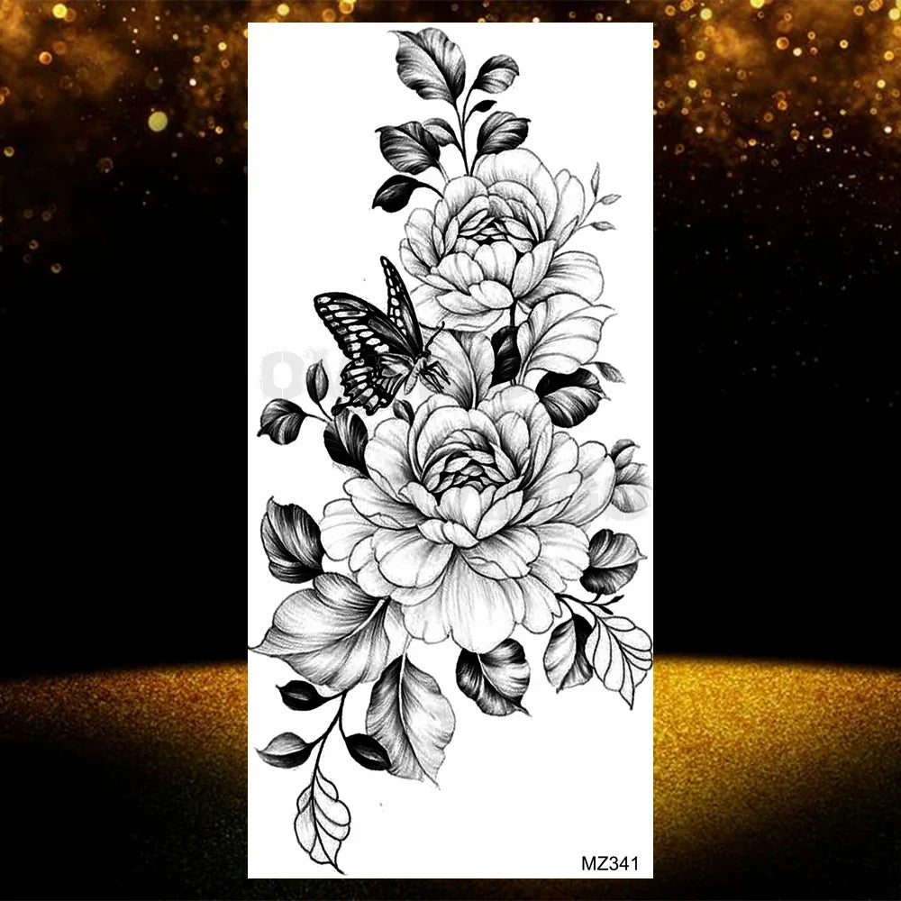Realistic Black Rose Flower Temporary Tattoos Fake Waterproof Tatoo Body Art Arm Leg Floral Peony Bloosom Tattoo Stickers Makeup