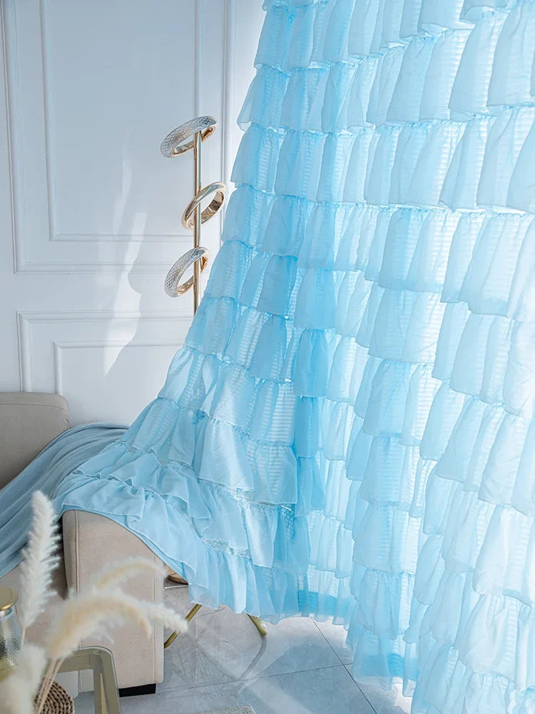 Modern Fashionable Blue Ruffles Skirt Semi-blackout Curtains for Living Room Girl's Bedroom Romantic Cupcake Layers Cortinas