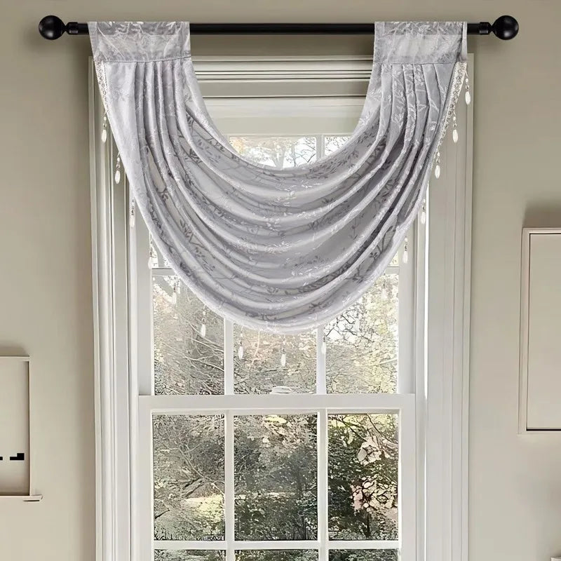 140x60cm Curtain Valance Livingroom Beaded Rod Pocket Scallop Header Window Panel Drapes With Fringe Tassel Home Decoration