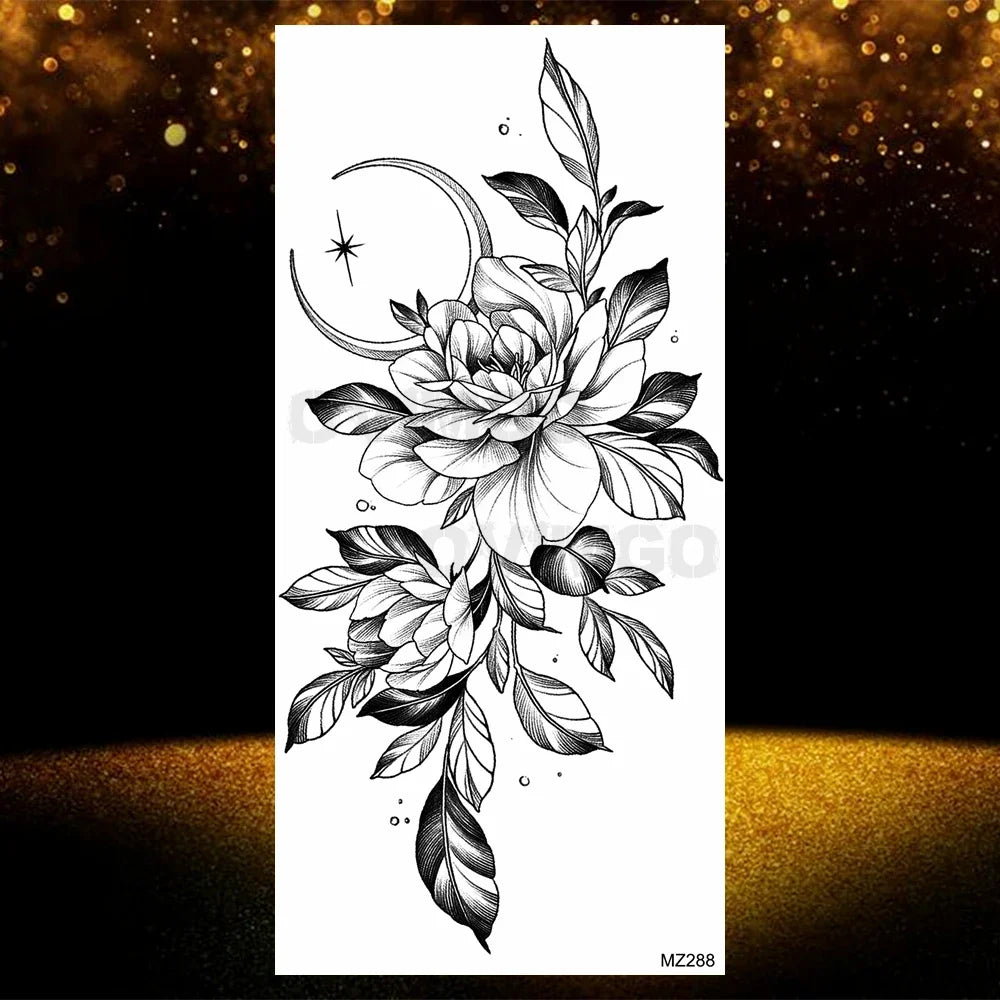 Realistic Black Rose Flower Temporary Tattoos Fake Waterproof Tatoo Body Art Arm Leg Floral Peony Bloosom Tattoo Stickers Makeup