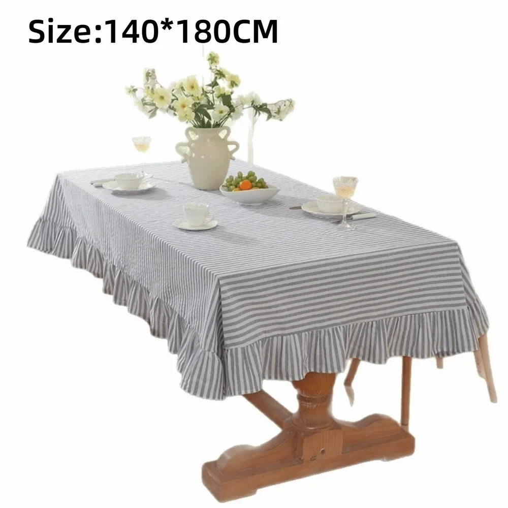Vertical Striped Table Cover Washable Wrinkle-Resistant Striped Ruffle Tablecloth Ruffle Trim Farmhouse Tablecloth Wedding Decor