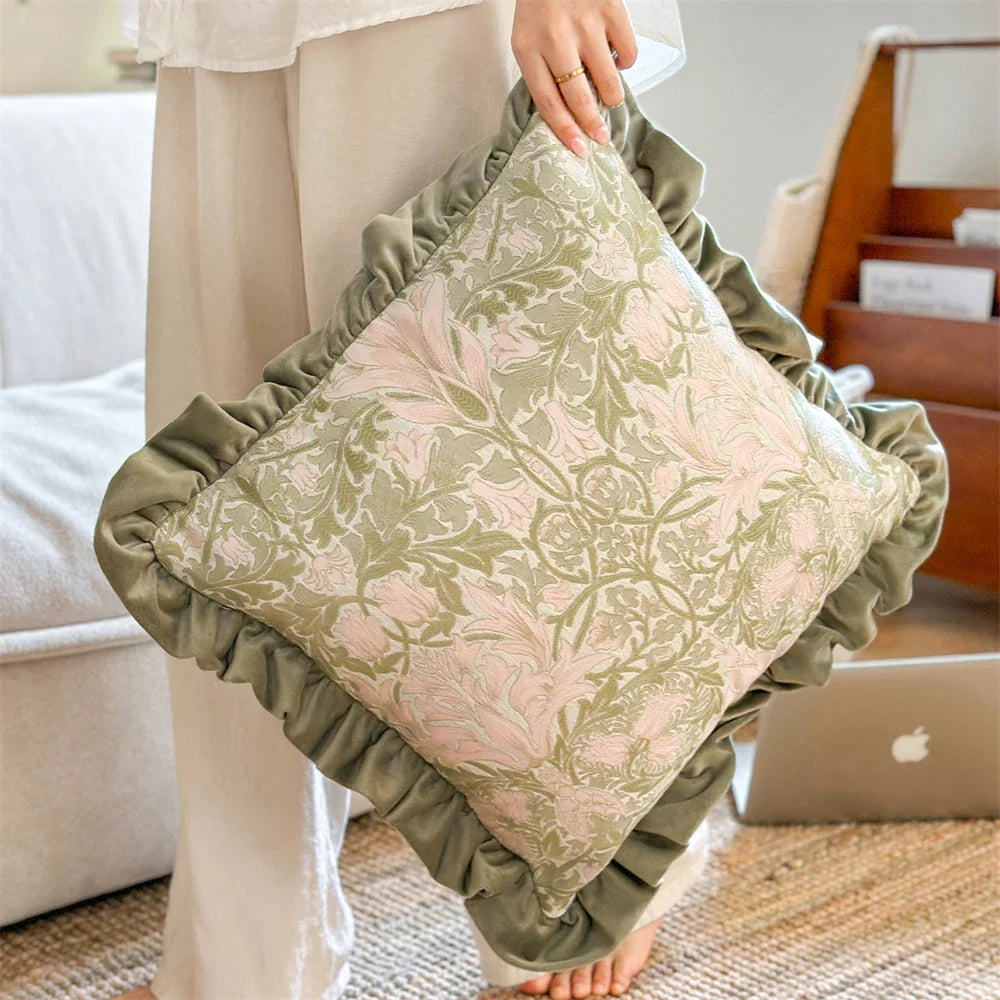 High End Home Ruffle Edge Pillow Cushion Bedroom Bedside Sofa Cushion Pillow Cover With Core Green And Pink Removable washable