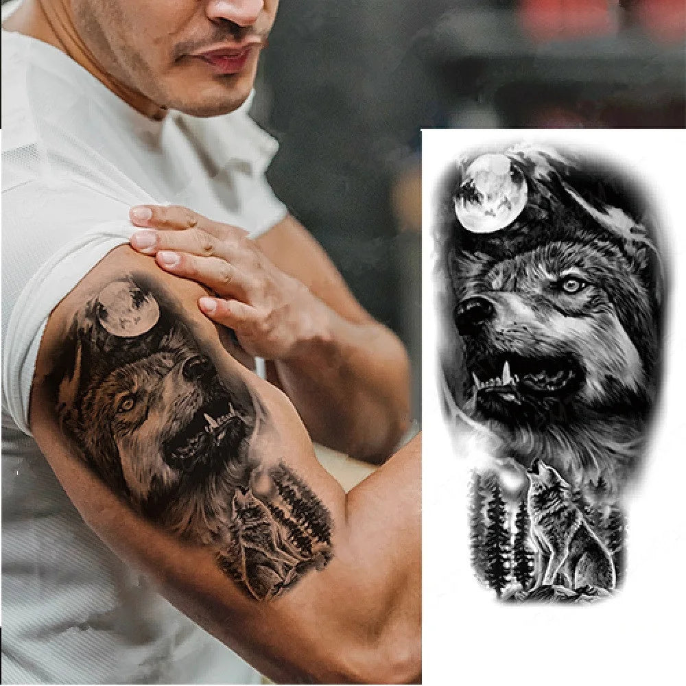 Waterproof Temporary Tattoo Sticker Lion Family Flash Tatto Tiger Wolf Moon Crown Flower Body Art Arm Fake Tatoo Men Women
