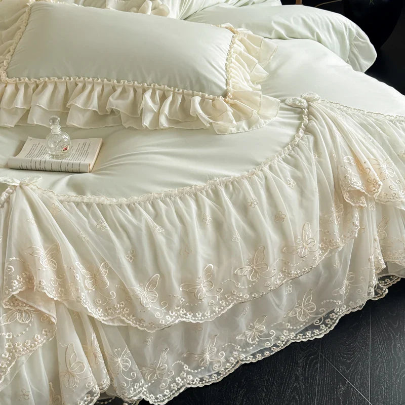 Green Egyptian Cotton Princess Bedding Set Luxury Lace Butterfly Embroidery Duvet Cover Sets Bed Sheet Pillowcases Home Textile