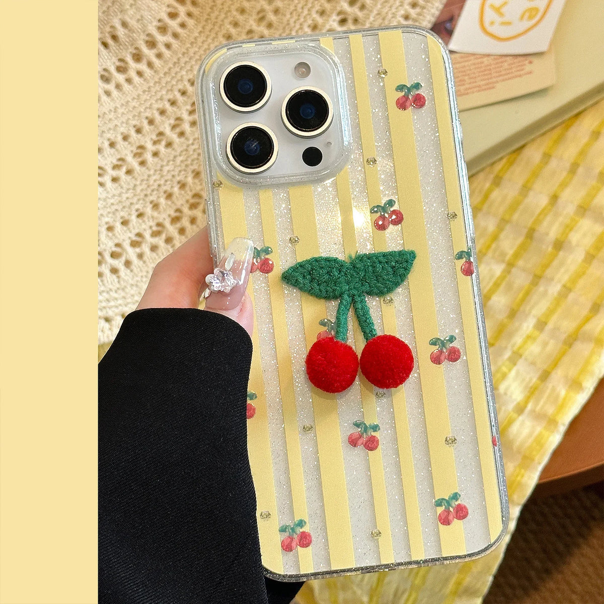 Korean Striped Glitter 3D Cherry Soft Phone Case With Lanyard For iPhone 16 15 14 12 13 11 Pro Max Shockproof Protective Cover