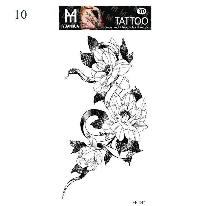 Sexy Black Flower Temporary Tattoos For Women Thigh Men Arm Sleeve Rose Flower Realistic Fake 3D Tatoos Forearm Tattoo Stickers