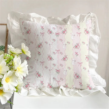 Korean Romantic Pillow Girl's Heart Washed Cotton Ruffled Cushion Cover Core Car Sofa Carto Rabbit Floral Pillow 45cmx45cm
