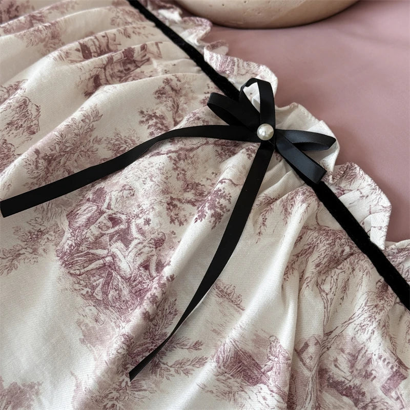 Three-layer Ruffles Bow Princess Bedding Set 1000TC Egyptian Cotton Brushed Duvet Cover Bed Sheet Pillowcases 4Pcs