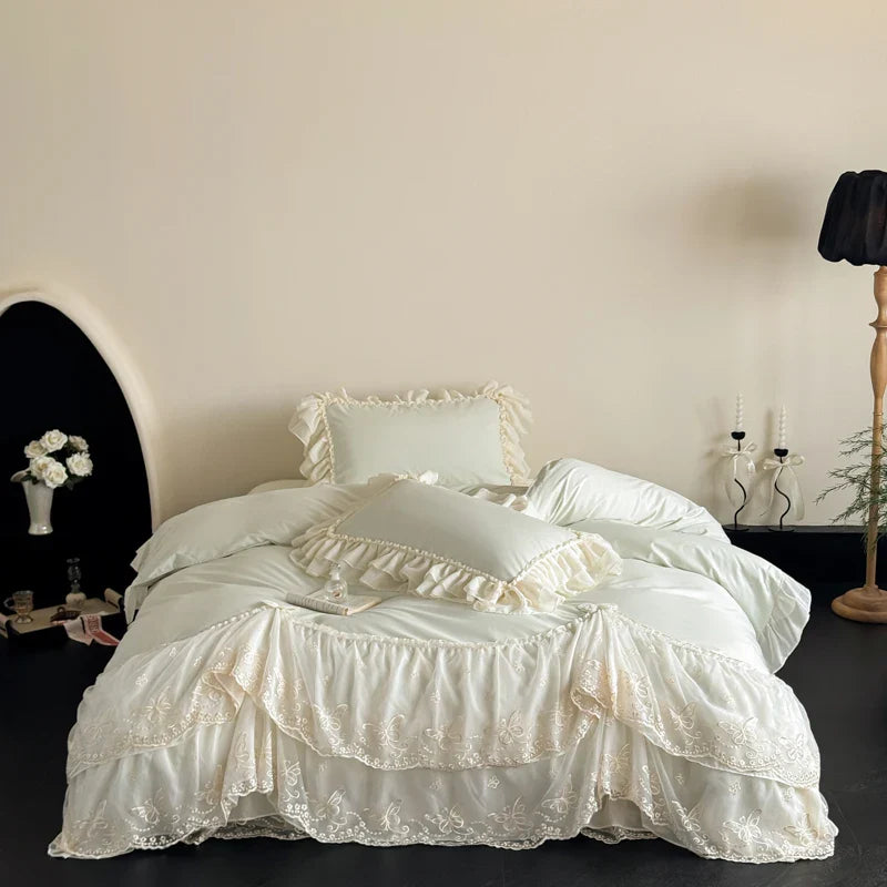 Green Egyptian Cotton Princess Bedding Set Luxury Lace Butterfly Embroidery Duvet Cover Sets Bed Sheet Pillowcases Home Textile
