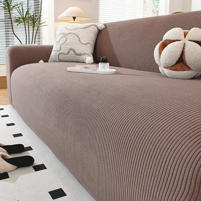 Stretch Sofa Cover Anti-Dust Armchair Protector Full-wrap Solid Corduroy Slipcover L Shape Corner Couch Cover ( 1/2/3/4 Seater )
