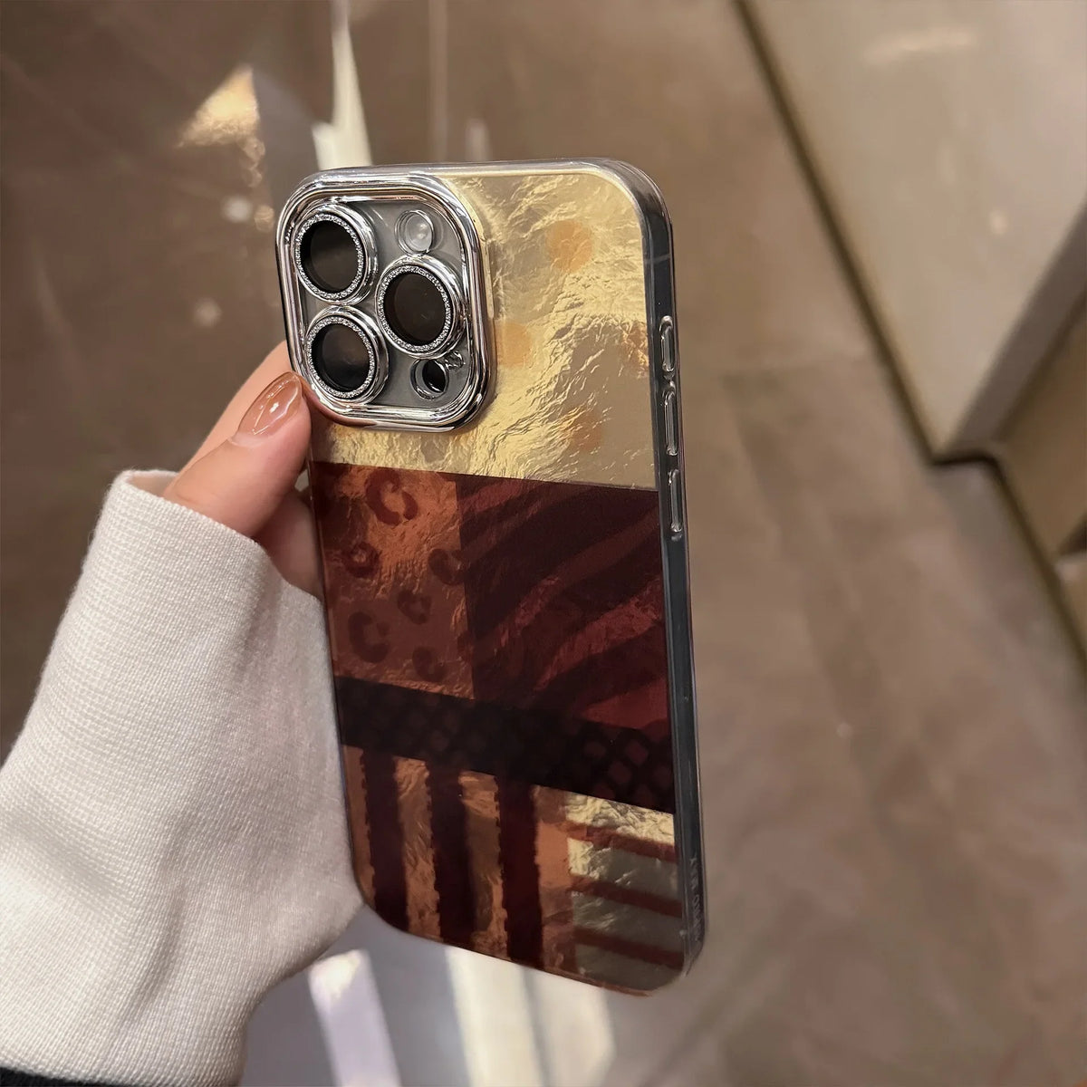 Ins Splicing Phone Case For iPhone 16e 15 14 13 12 11 Pro Max XR X XS 7 8 Plus Bracelet Chain Glitter Lens Film Shockproof Cover