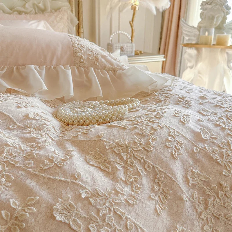 Romantic Floral Lace Embroidered Ruffles Princess Wedding Bedding Set 100% Cotton Duvet Cover Bed Sheet/Fitted Sheet Pillowcases