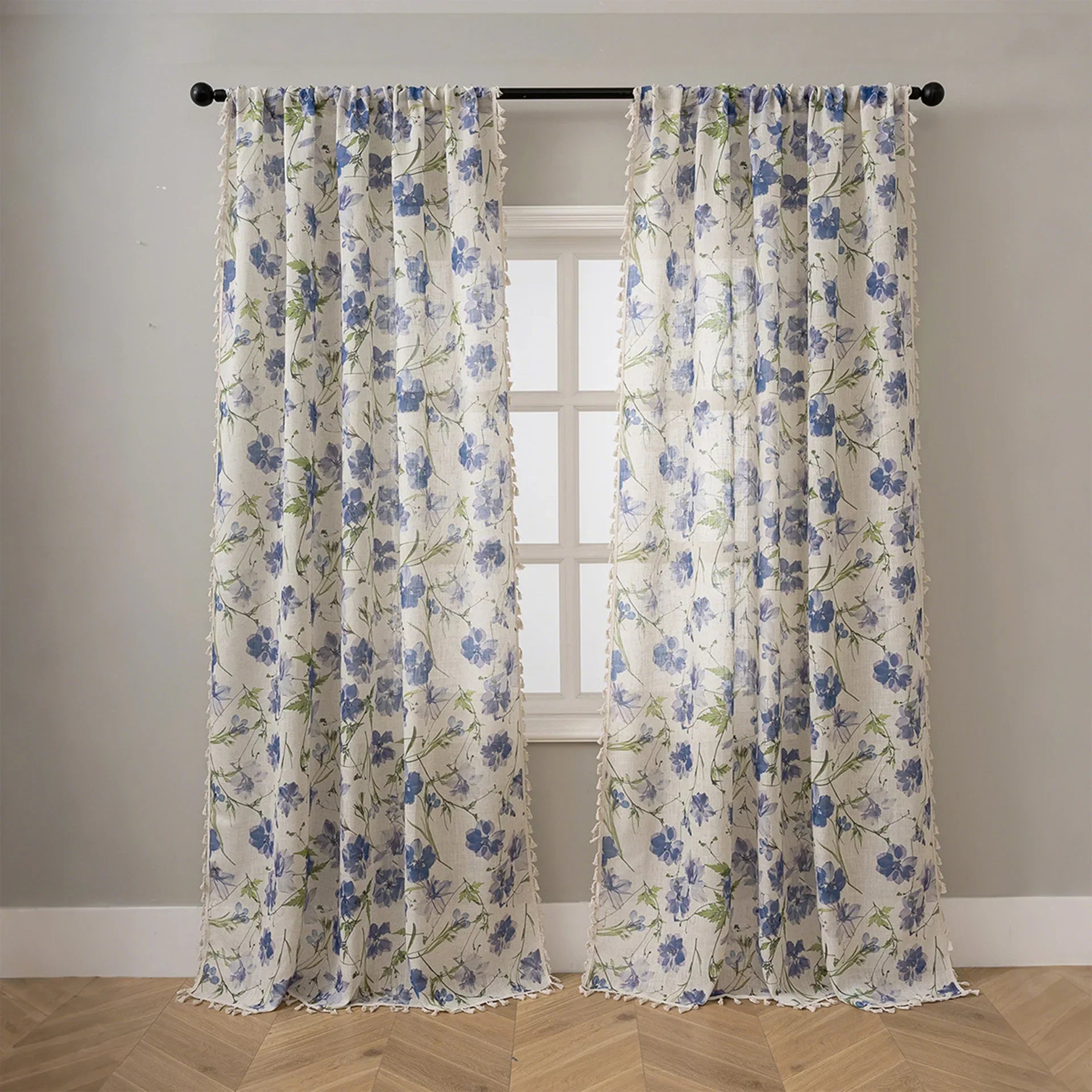 New Semi-Sheer Blackout Curtains, Slub Linen Look Floral Print Rod Pocket Drapes for Living Room Bedroom, 1/2 Panels Ready Made