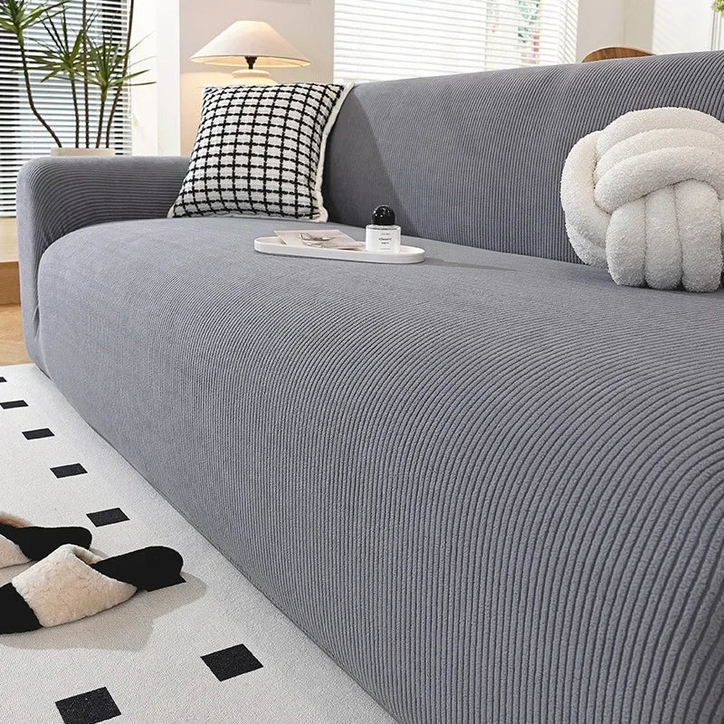 Stretch Sofa Cover Anti-Dust Armchair Protector Full-wrap Solid Corduroy Slipcover L Shape Corner Couch Cover ( 1/2/3/4 Seater )