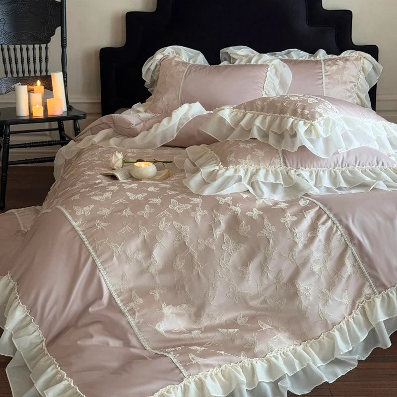 Luxury Princess Lace Ruffle Edge 1000TC Egyptian Cotton Bedding Set Duvet Cover Set Flat Bed Sheet Pillowcases 4Pcs