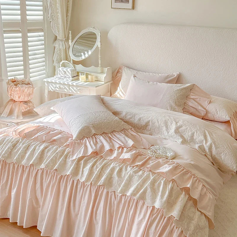 Luxury Princess Style Pink 100% Cotton Bedding Set Ruffles Bed Cover Set Soft Comforter Cover Set Bed Sheet Pillowcases 4Pcs