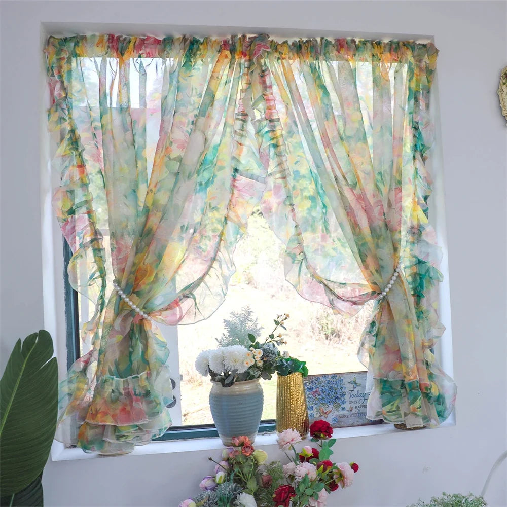 Retro Printing Curtain Art Living Room Gauze Curtain Velcro Curtain Ruffled Door Curtain Partition Punch-Free Customizable