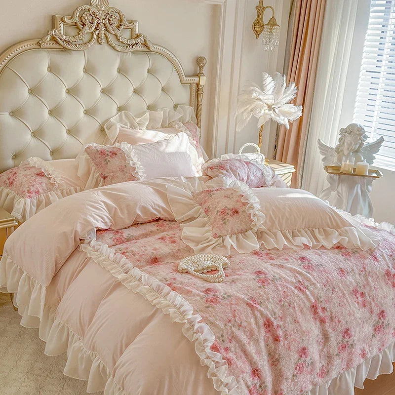 Luxury Princess Style 100% Cotton Bedding Set Floral Jacquard Lace Ruffles Duvet Cover Bed Sheet/Fitted Sheet Pillowcases 4Pcs