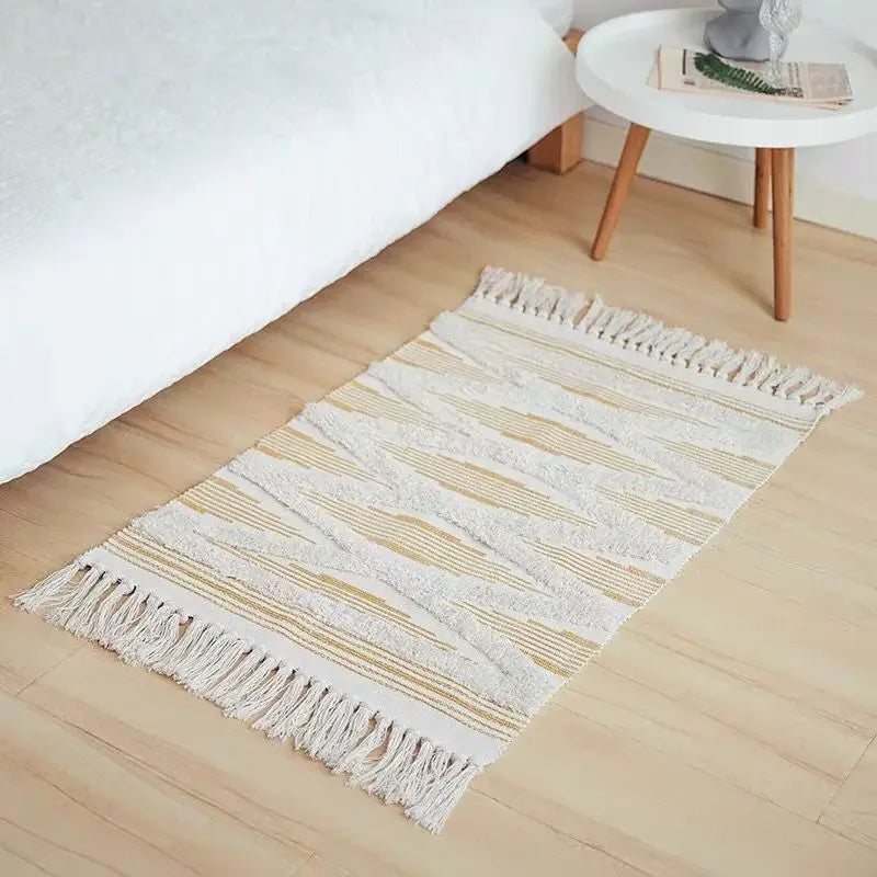 Cotton Linen Retro Rug Tapestry Home Decor Geometric Floor Mats for Bedroom Living Room Hand Woven Bohemian Tufted Tassel Carpet