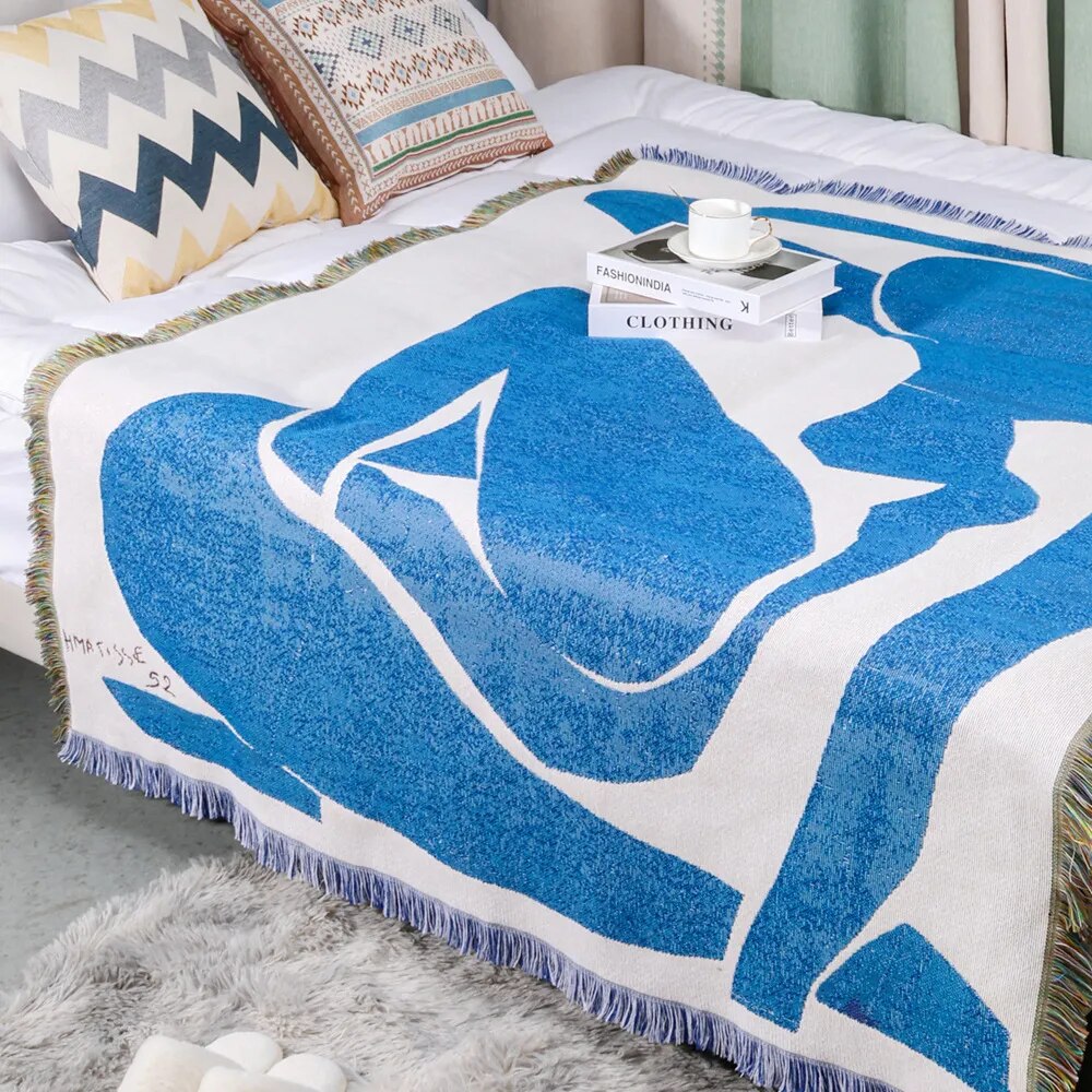 INS Abstract Art Tassel Throw Blankets Blue Sofa Cover Portrait Tapestry Nordic Blanket for Beds Home Outdoor Camping Picnic Mat
