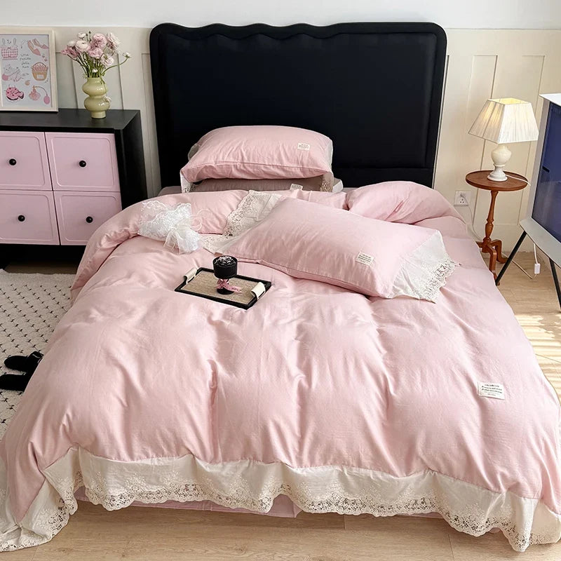 Vintage Plaid Pure Cotton double-layer yarn four-piece set French lace Bedding Set Duvet Cover Pillowcases Flat/Fitted Bed Sheet