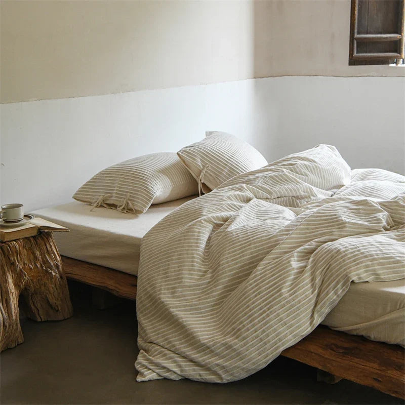 Linen Cotton Simple Stripes Jacquard Nordic Style Bedding Set Single Double Queen King Duvet Cover Flat Sheet Pillowcase