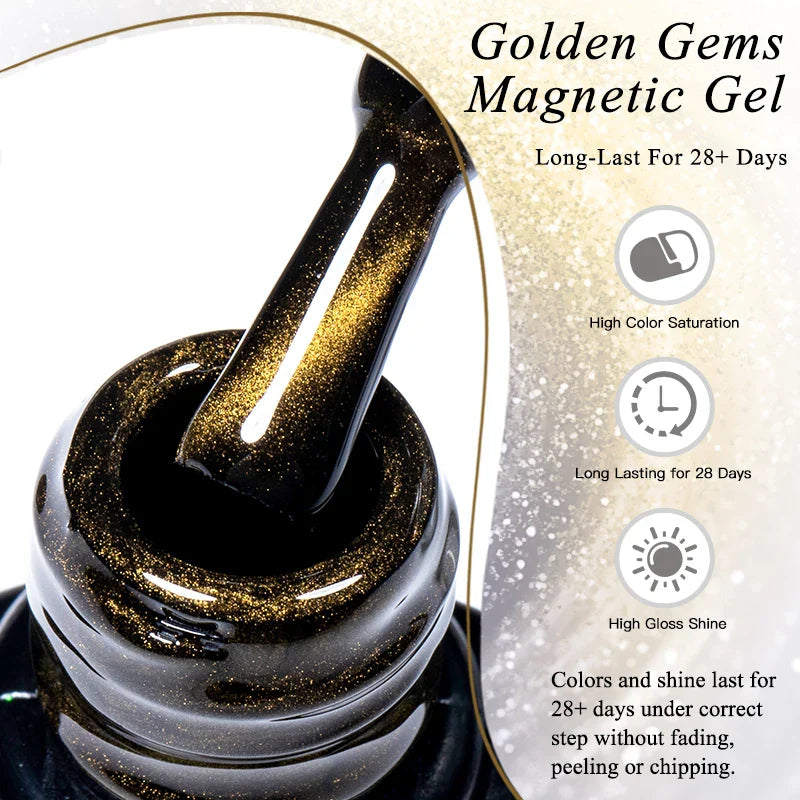 10ml Golden Gems Cat Magnetic Gel Nail Polish Gold Light Magnetic Semi Permanent Soak Off UV LED Gel Varnish Nail Supplies DIY