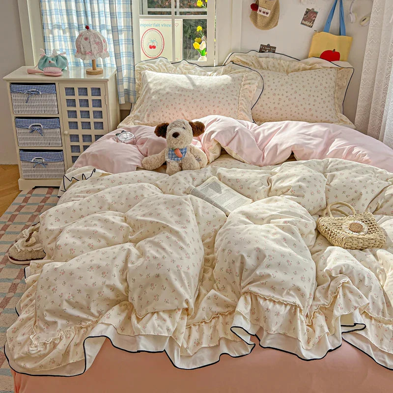 Princess Style Cartoon Floral Ruffles Bedding Set Washed Cotton Duvet Cover Bed Sheet Pillowcases Single Full Queen Size 3/4Pcs