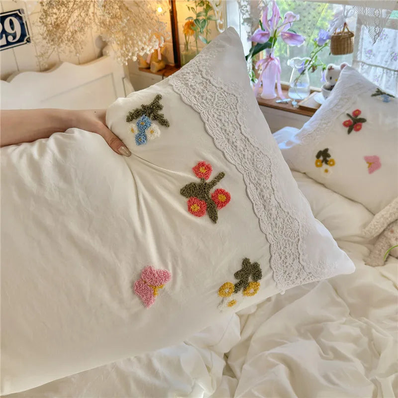 3/4Pcs Korean Princess Style Floral Embroidered Towel Bedding Set Single Queen King Size Duvet Cover Set Bed Sheet Pillowcases