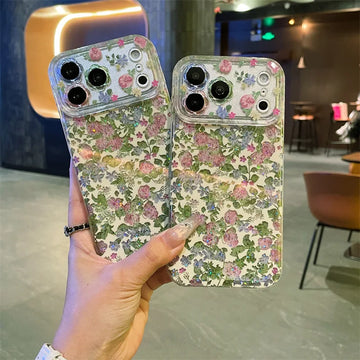 Korean Full Screen Colorful Flowers Glitter Pattern Phone Case for iPhone 17 16 15 14 Pro Max Shockproof Protective Cover