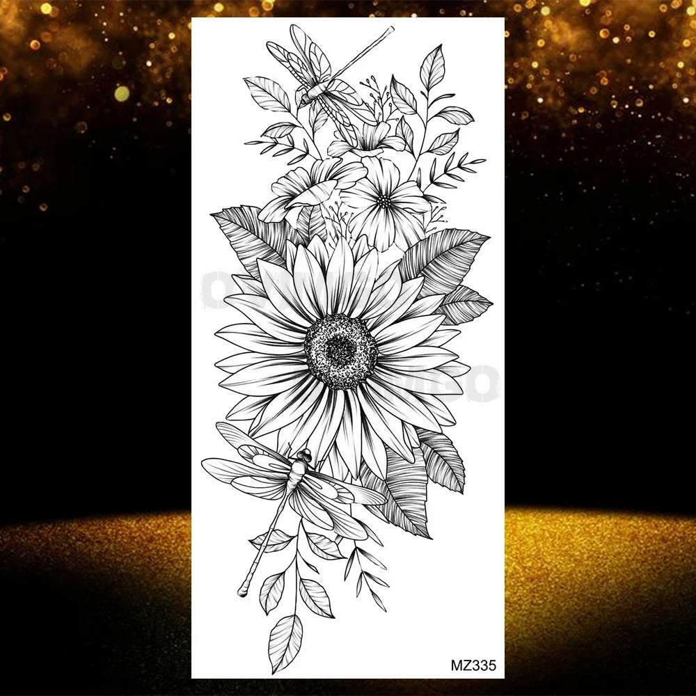 Realistic Black Rose Flower Temporary Tattoos Fake Waterproof Tatoo Body Art Arm Leg Floral Peony Bloosom Tattoo Stickers Makeup