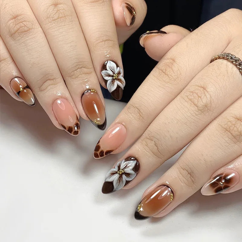 24Pcs Zebra Stripe Press on Nails Dark Brown with Gold Beads Fake Nails Almond Shape Nail Art French Style False Nails for Fall