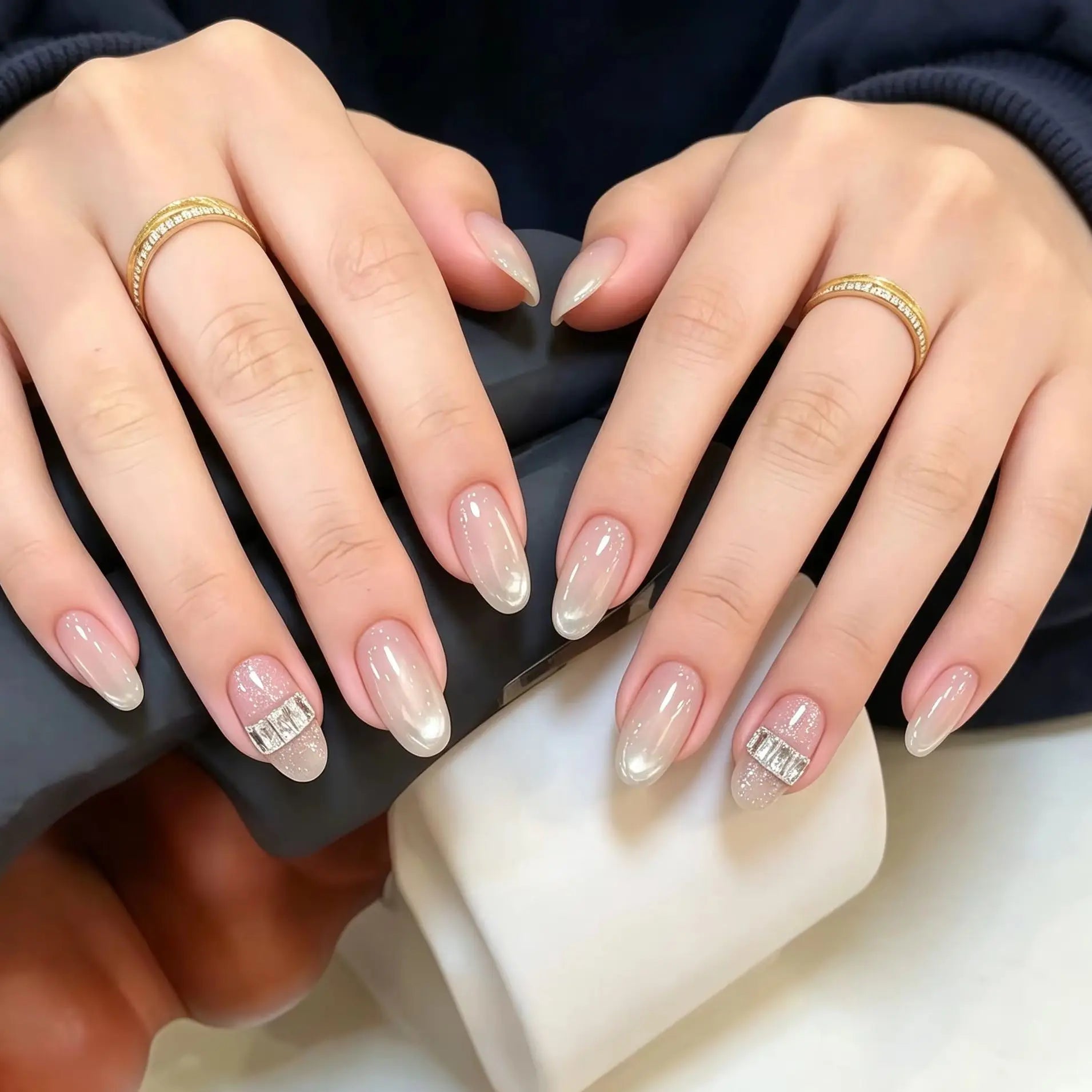 10pcs Short Almond Press on Nails Gradient Cat Eye Handmade False Nails Glitter Rhinestone Fake Nails French Acrylic Nail Tips