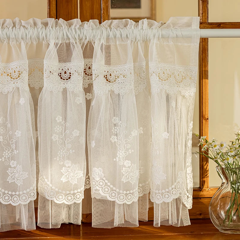 White Lace Short Curtain Double-layer Bookcase Enclosure Kitchen Door Curtains Cafe Livingroom Window Kitchen Half Curtain Decor