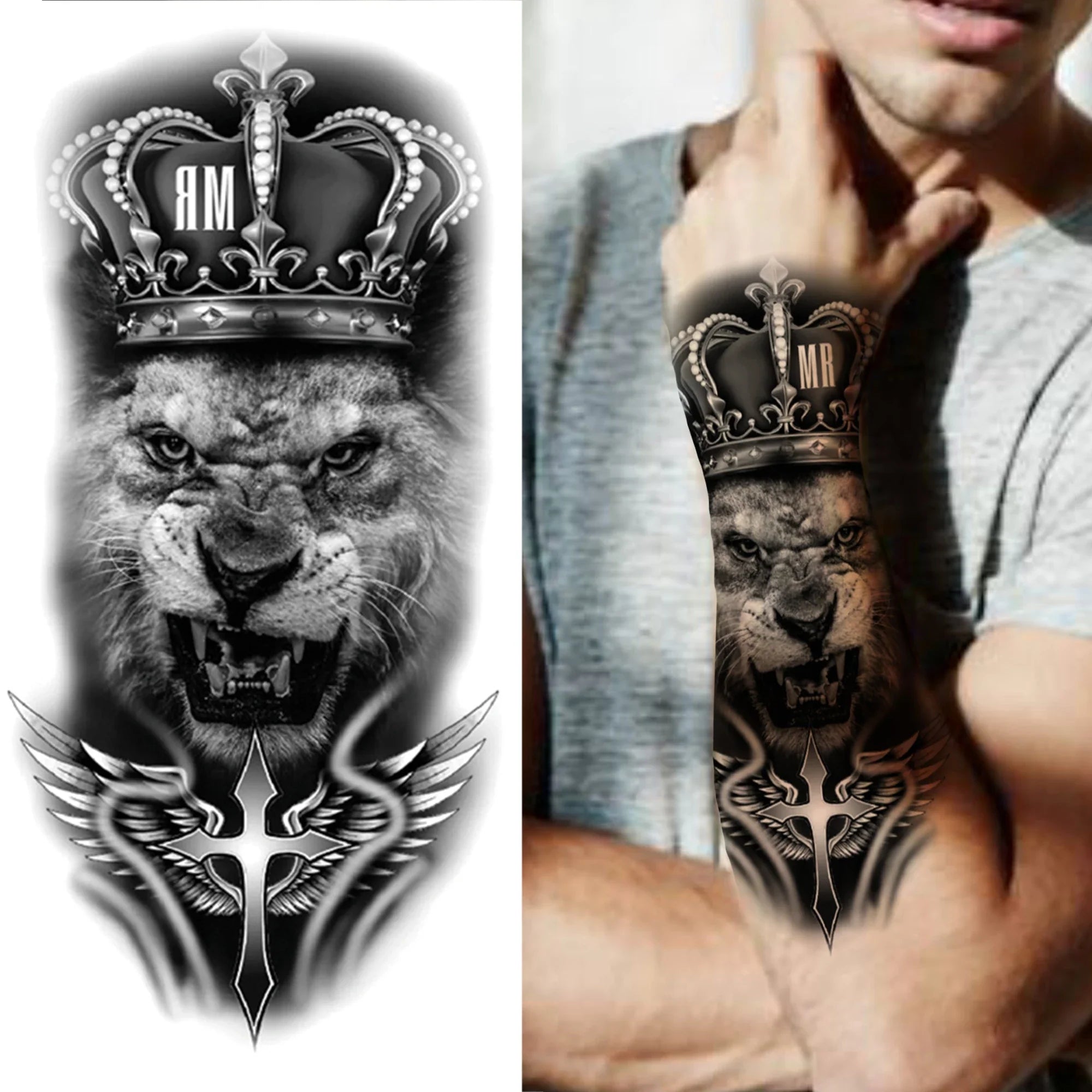 Waterproof Temporary Tattoo Sticker Lion Family Flash Tatto Tiger Wolf Moon Crown Flower Body Art Arm Fake Tatoo Men Women