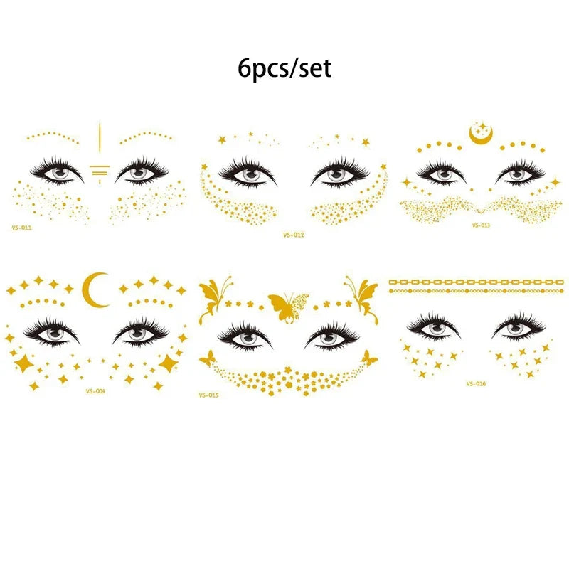 Glitter Stickers Face Tattoo Flash Gold Temporary Metalic Tattoos Waterproof Makeup Decals for Girls Party Music Festival