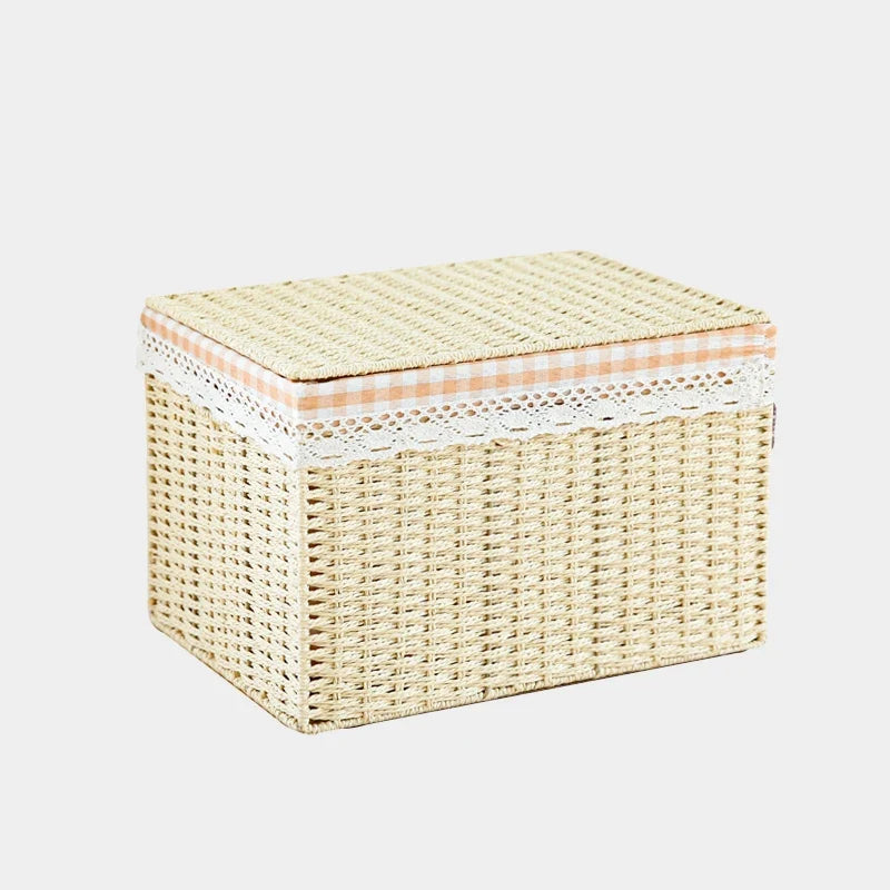 Rattan-Weave Home Storage Box Covered Living Room Miscellaneous Items Storage Basket Japanese Simple Style Paper Material